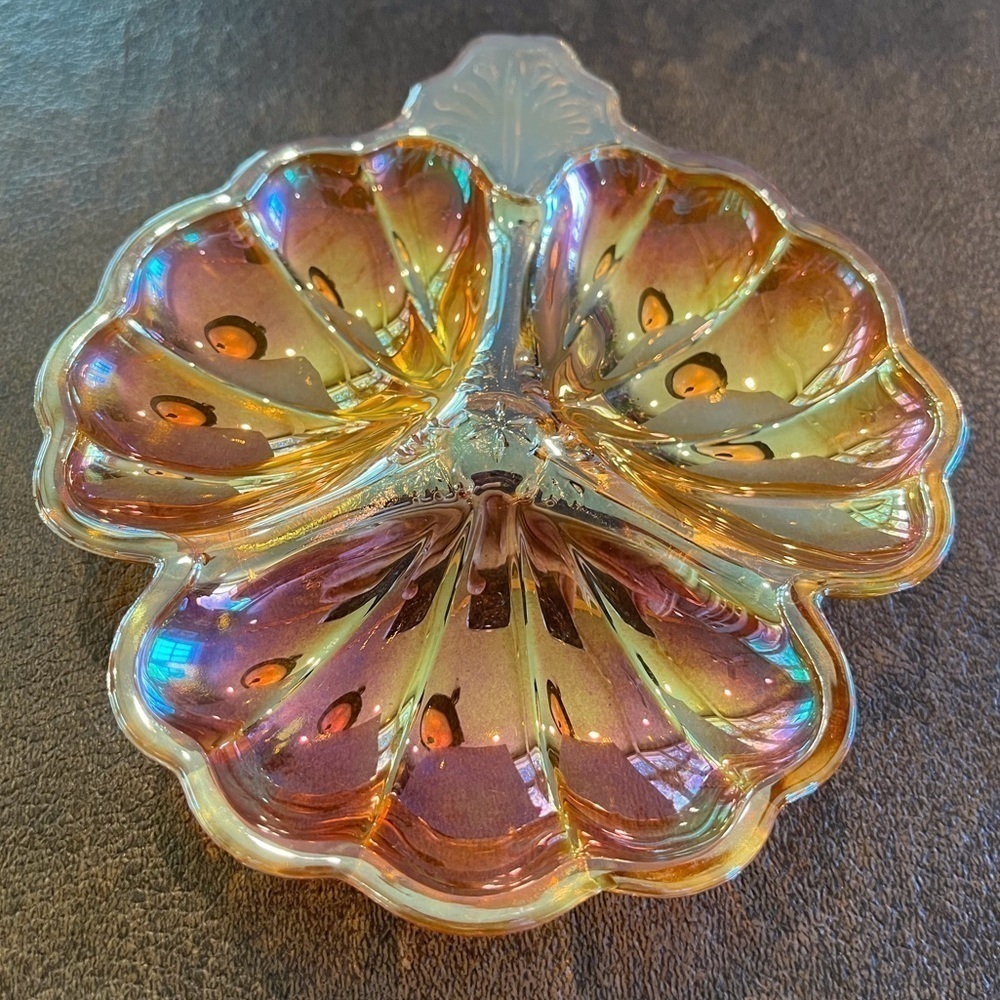 Iridescent Orange Carnival Glass Divided Dish